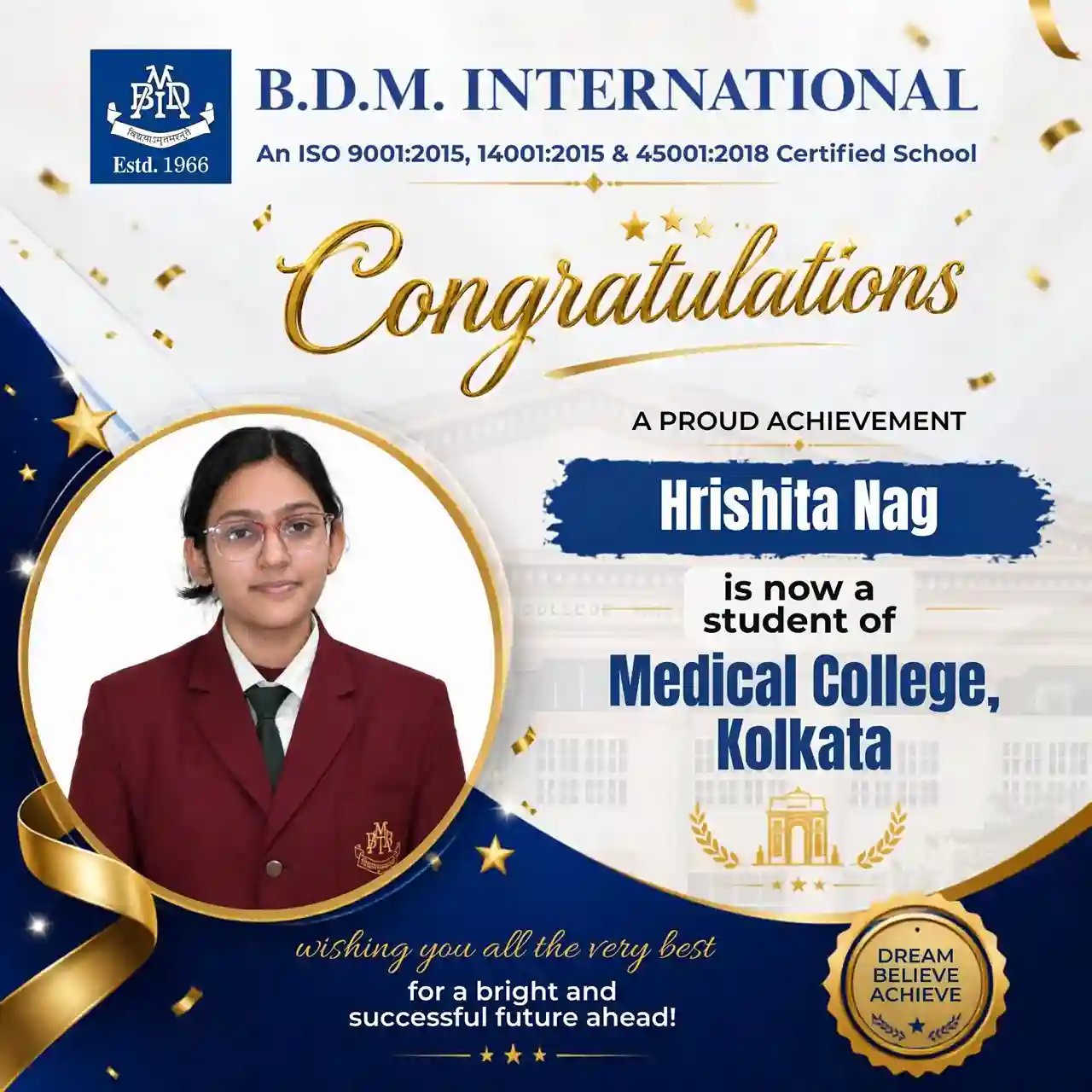 Heartiest congratulations to Hrishita Nag on her admission to Medical College, Kolkata.